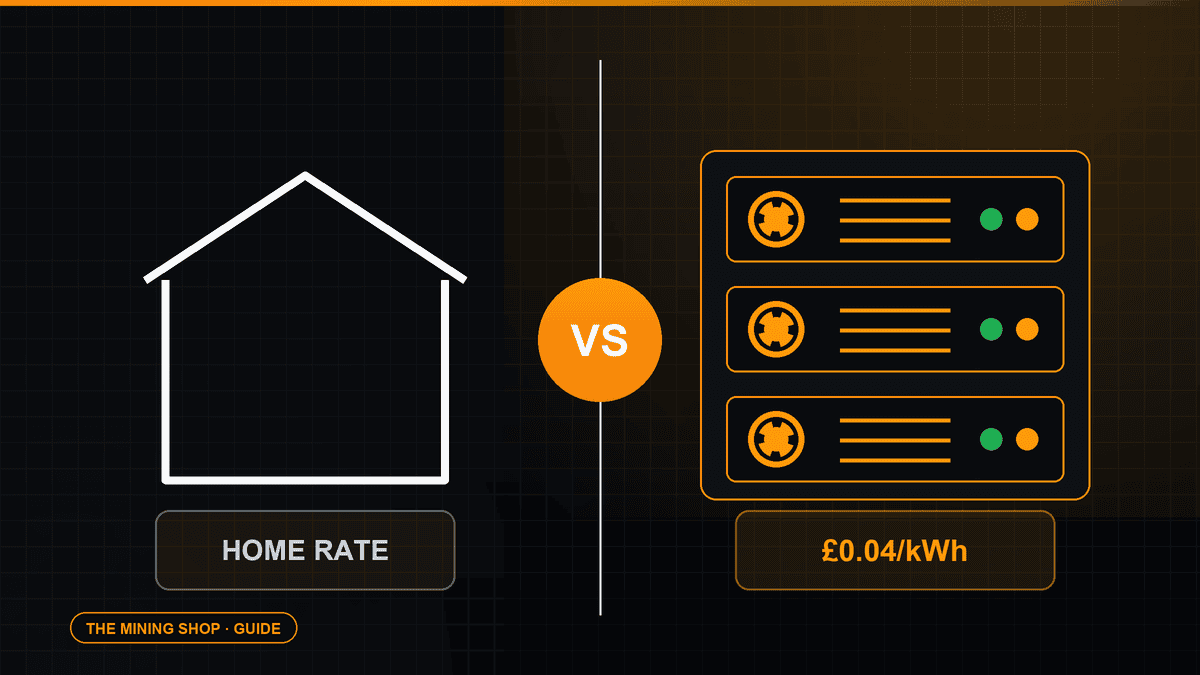 House versus hosted server rack comparison with hosted electricity at £0.04 per kWh, cover for the hosting vs home mining guide