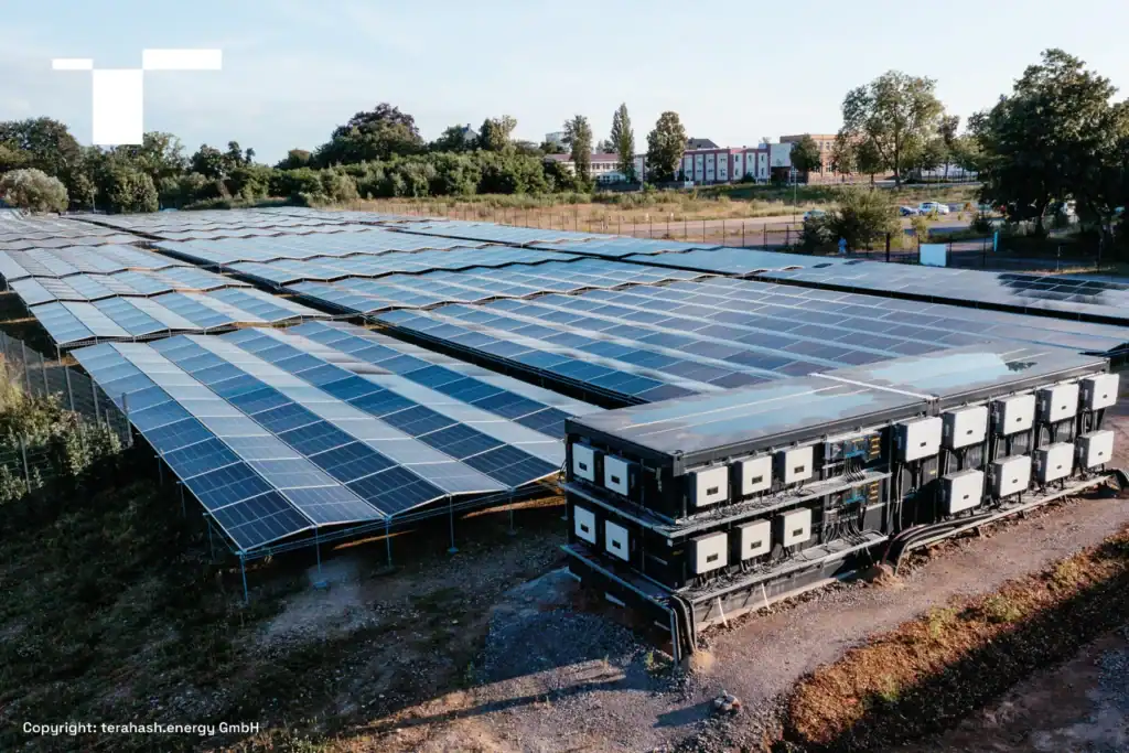 Aerial view of the Hartha solar installation and mining container