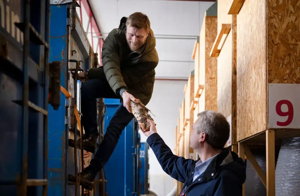 People beside timber at the Kryptovault heat-reuse operation