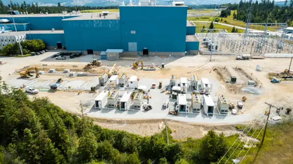 Aerial view of the former Ponderay paper mill and associated electrical infrastructure