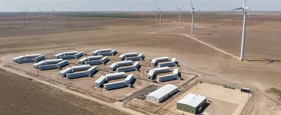 Aerial view of Project Dorothy mining containers near wind generation